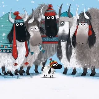 A small white sheep wearing a striped hat stands in front of five fluffy yaks, also wearing hats, in a snowy landscape.